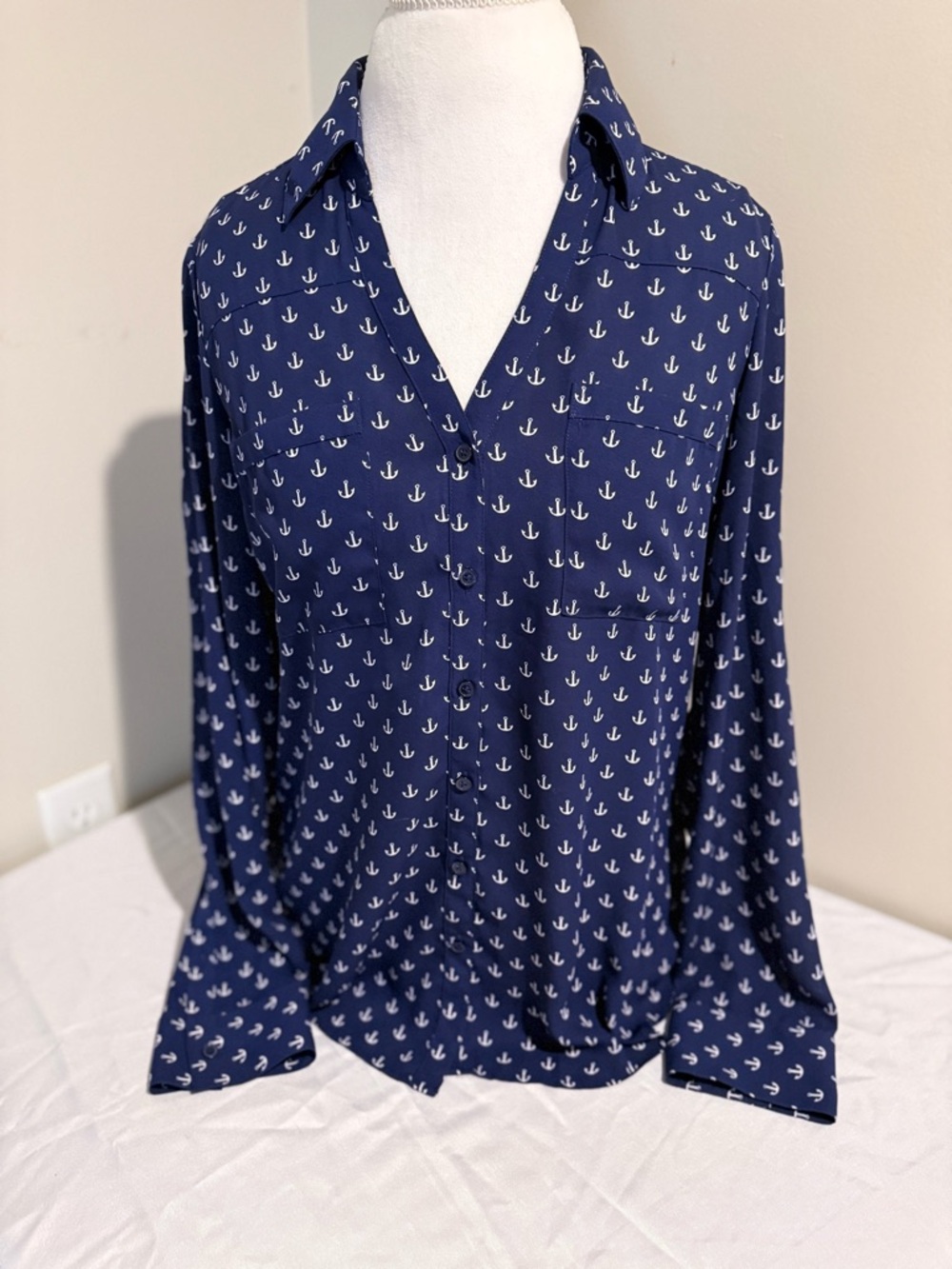 Express Navy Button-Front Shirt with White Anchor Print
